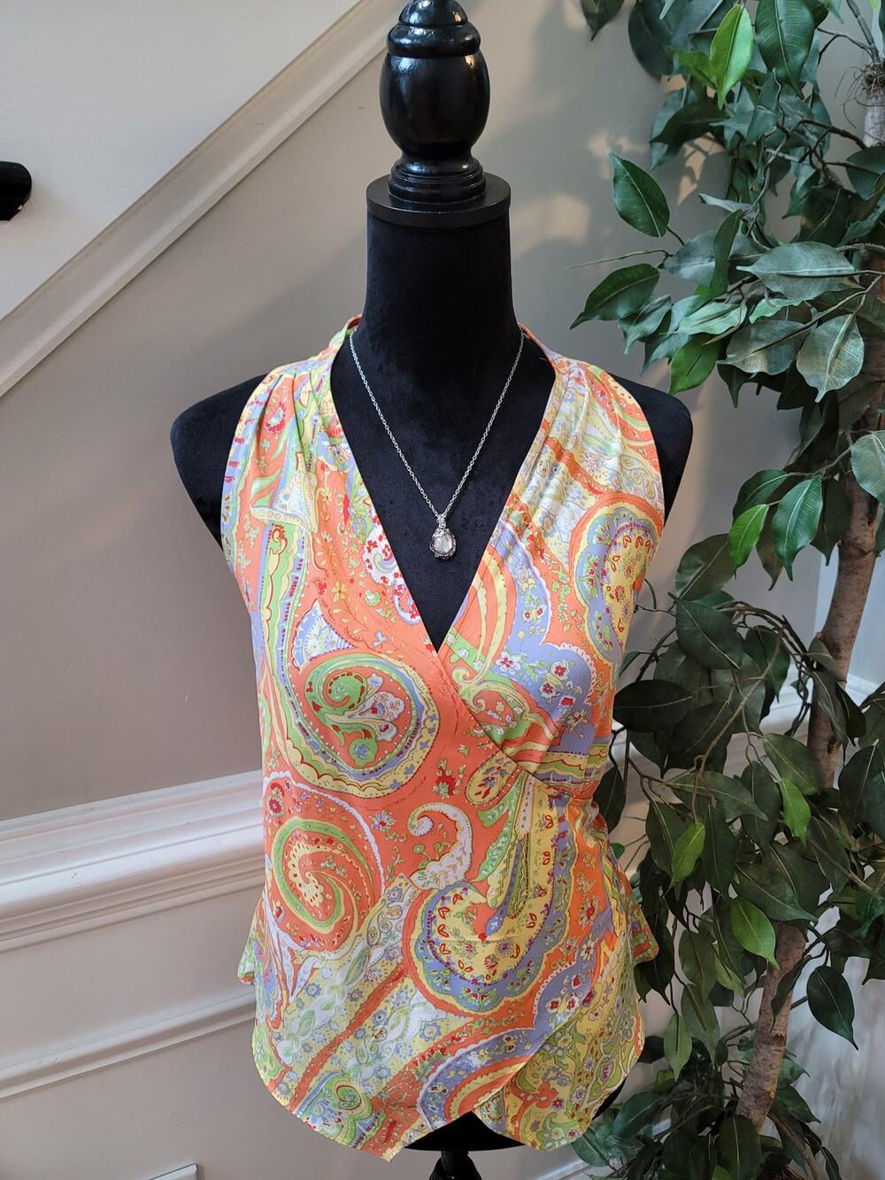 Lauren Ralph Lauren Blouse Top Women's SZ 2 Multicolor Paisley Surplice Neck